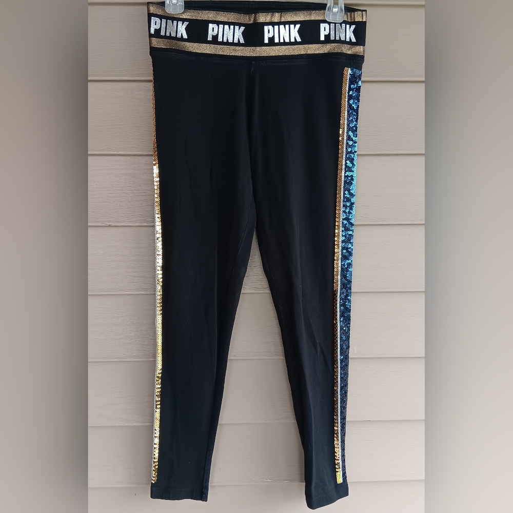 Victoria's Secret PINK Black Bling Yoga Pants w Gold & Blue Sequins. Size Med